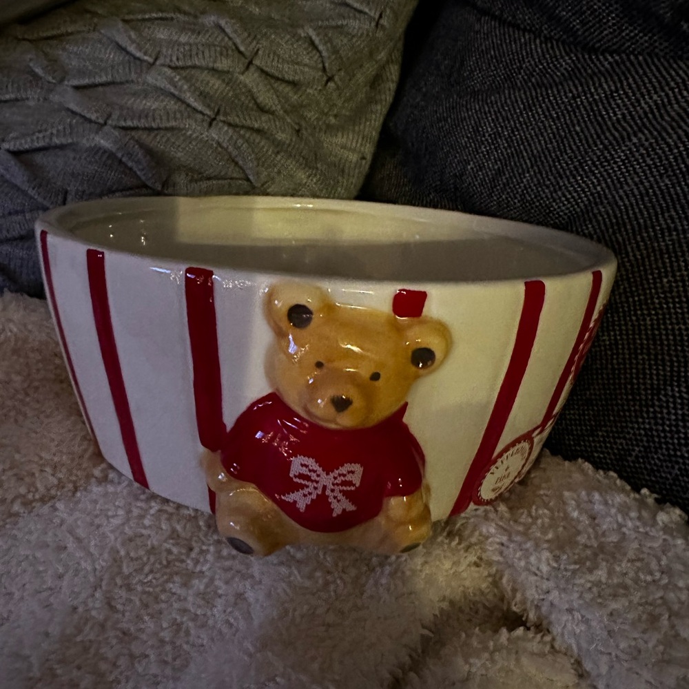 Peppermint & Pine Hand-Painted Ceramic Bowl with Red Accents NEW